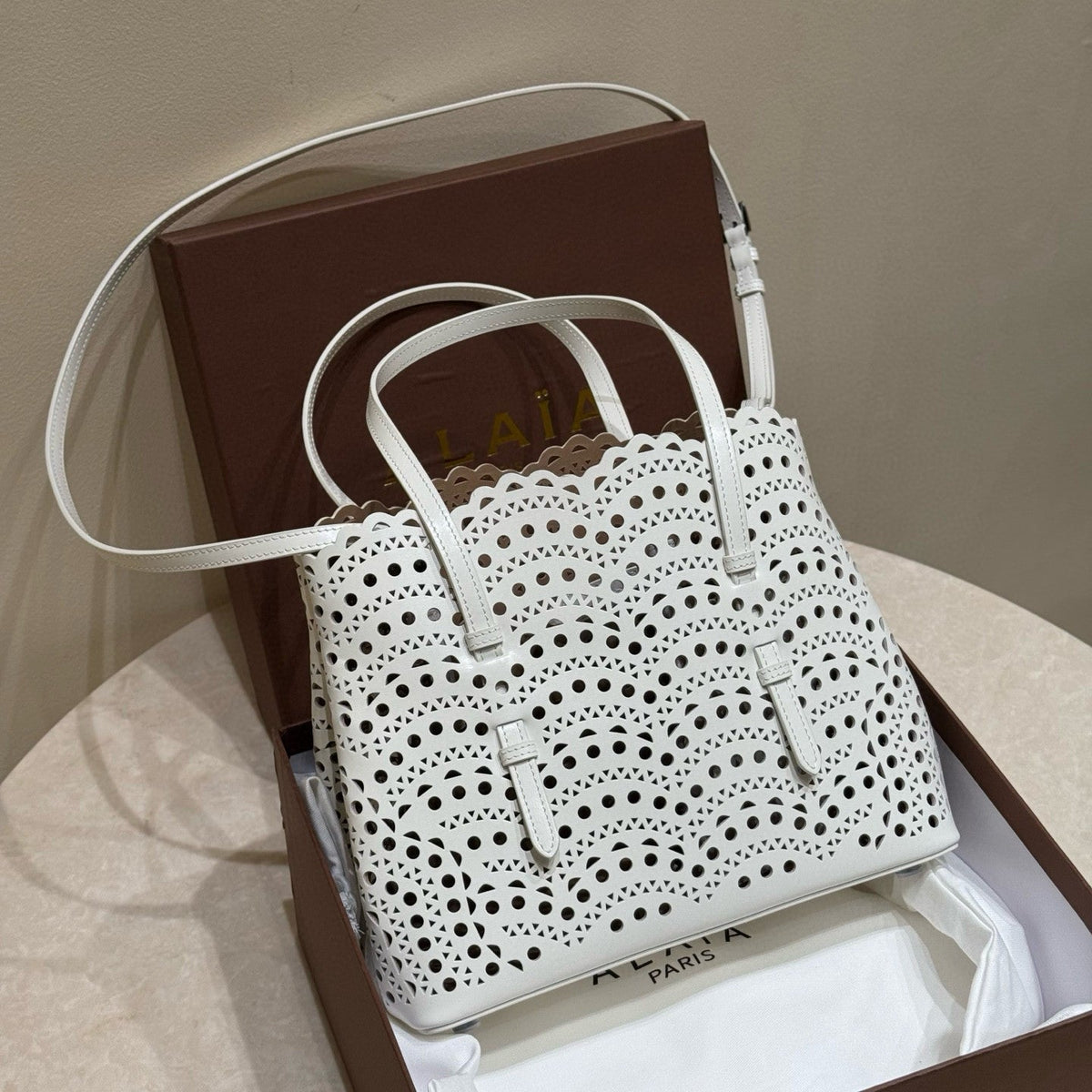 Alaia MINA 20 BAG IN VIENNE WAVE CALFSKIN Women's Solid Color Openwork Design Button Closure Wave Calfskin Shoulder Bag Handbag Bags #77381