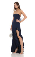 Strapless Back Bow Corset Maxi Dress in Navy