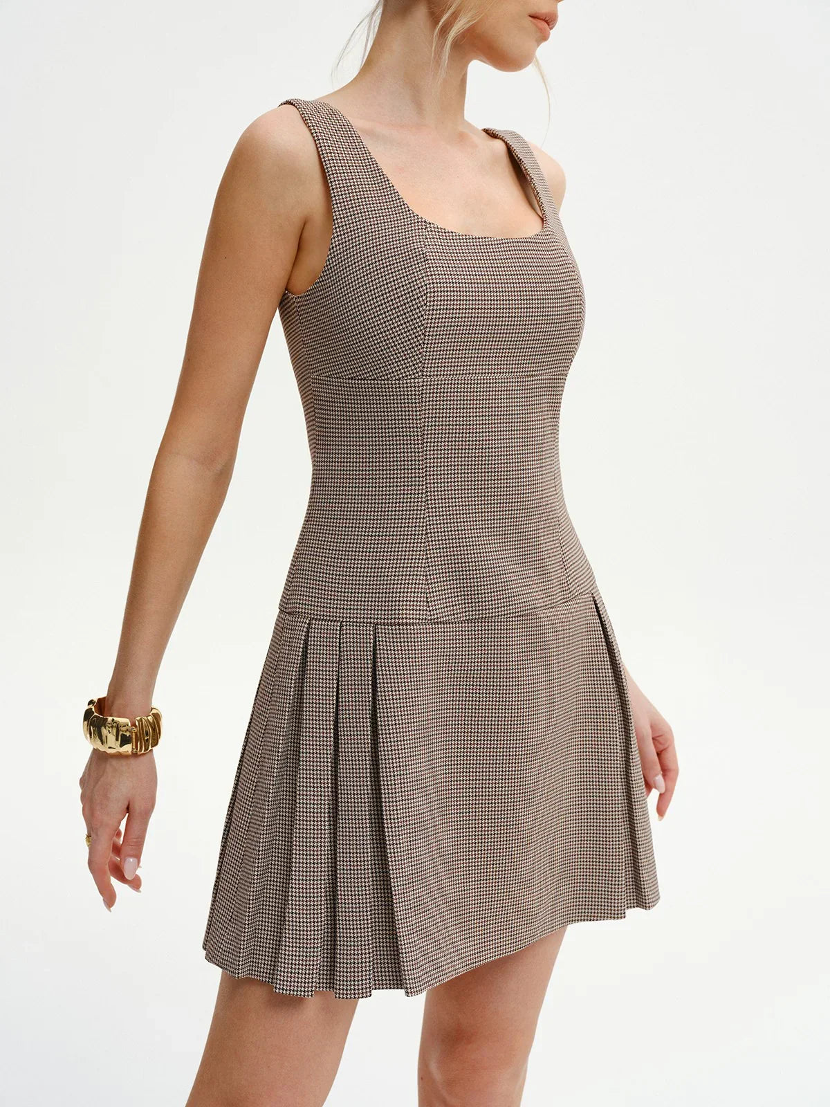 Houndstooth Square-Neck Pleated Mini Dress