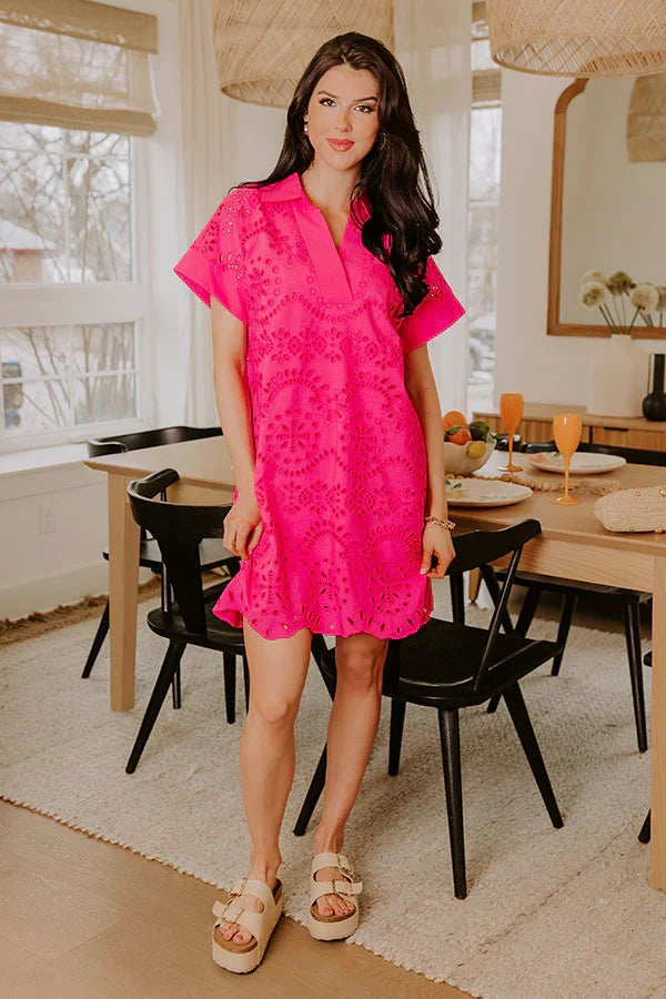 Smiles And Sorbet Eyelet Mini Dress in Hot Pink