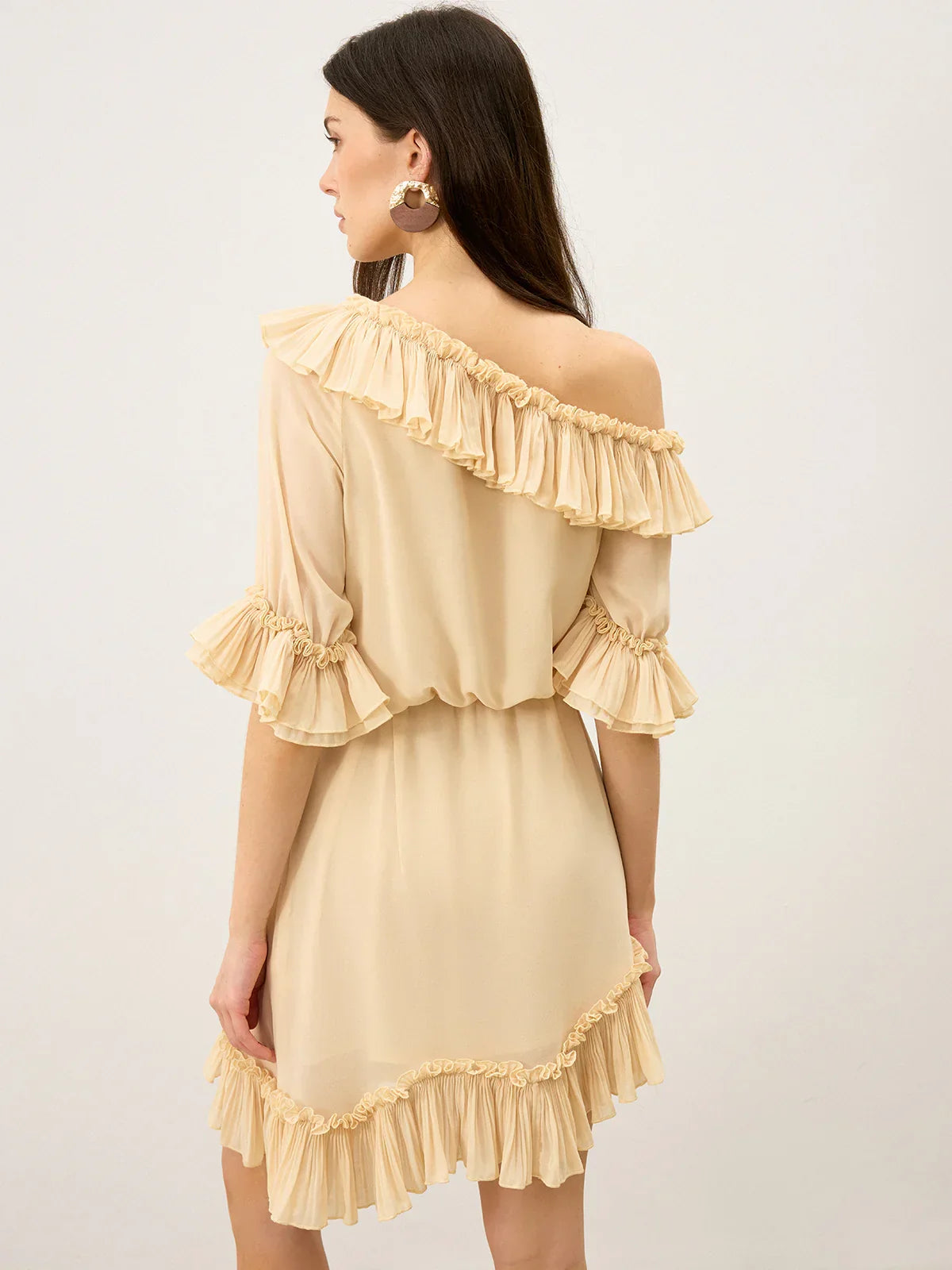 Semi-Sheer Chiffon One-Shoulder Ruffled Mini Dress