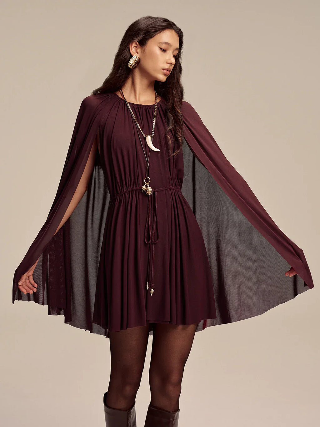 Mesh Cape Sleeve Tie-Waist Mini Dress