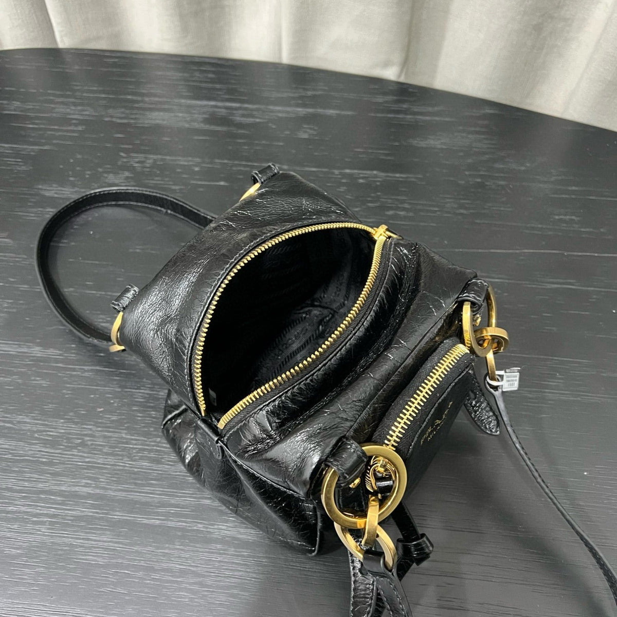 Prada Dangle Women's Black Letter Print Zipper Closure Cowhide Leather Mini Shoulder Bag Bags #75499
