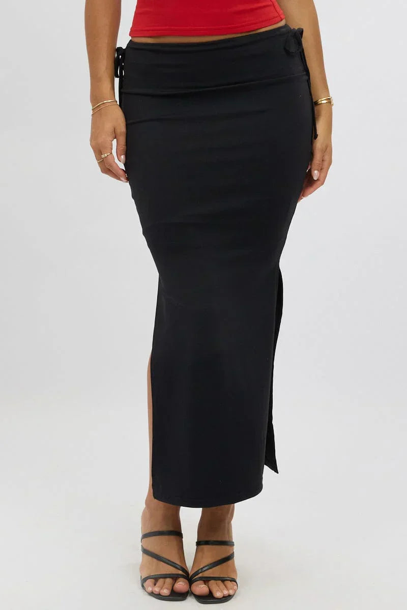Black Midaxi Skirt Elastic Waist Spliced Bow Supersoft