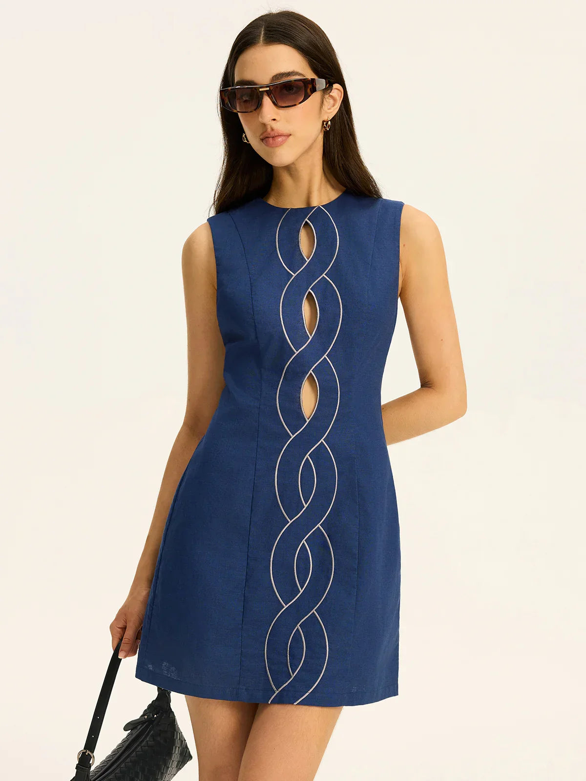 Linen & Cotton Cut-Out Contrast-Stitch Mini Dress