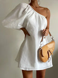 Aegean Cotton Linen One Sleeve Short Dress