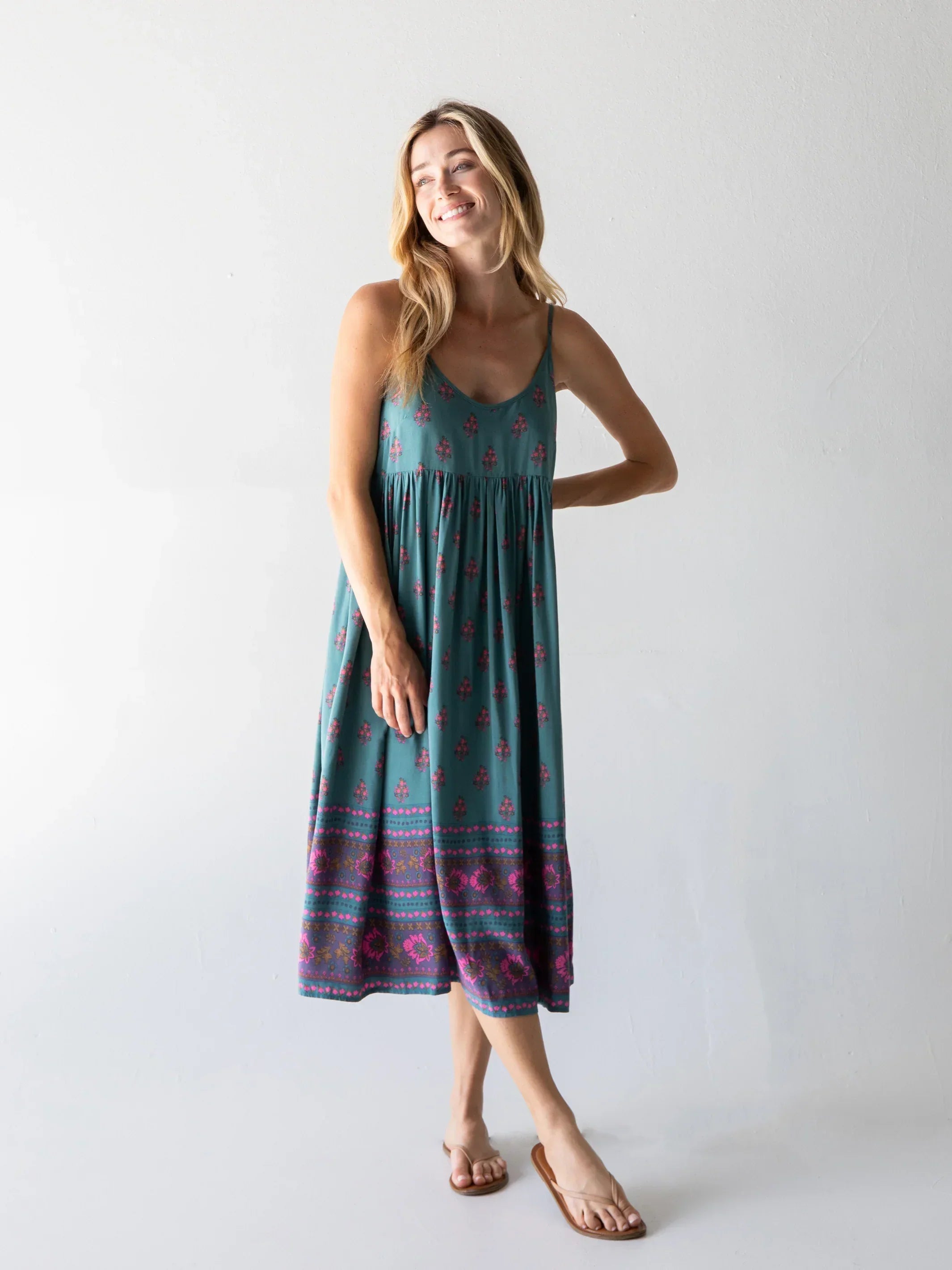 Gigi Midi Dress - Teal Floral Border