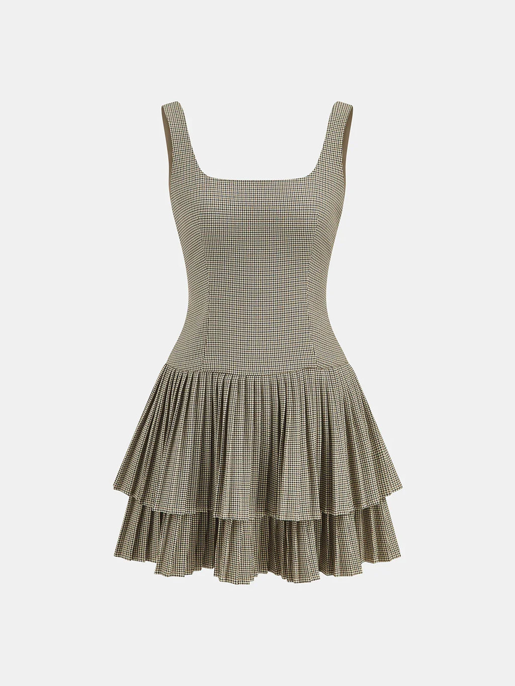 Square Neck Pleated Gingham Tiered Dress