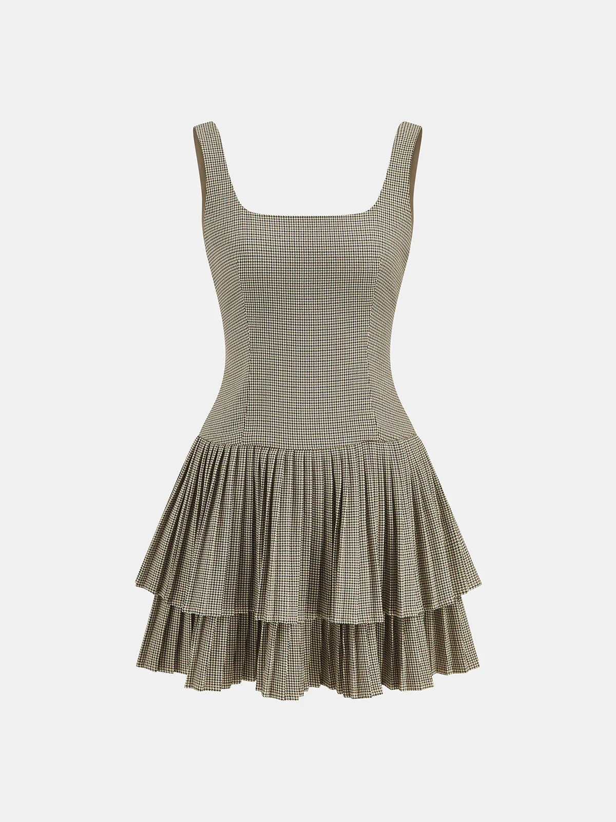Square Neck Pleated Gingham Tiered Dress