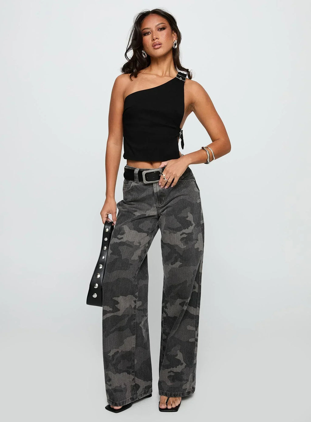 Buckled Down One Shoulder Top Black