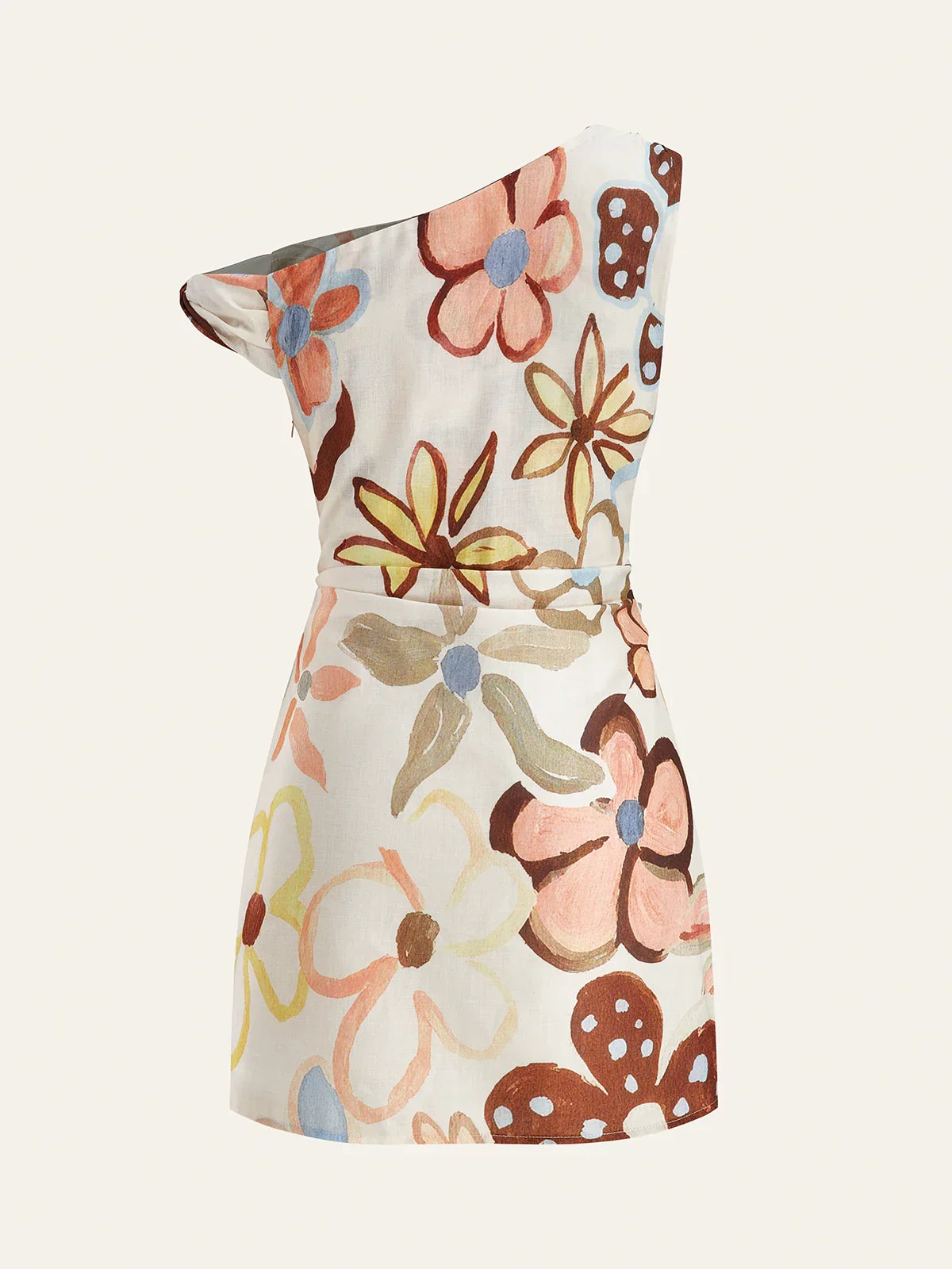 Asymmetric Neck Belted Print Dress