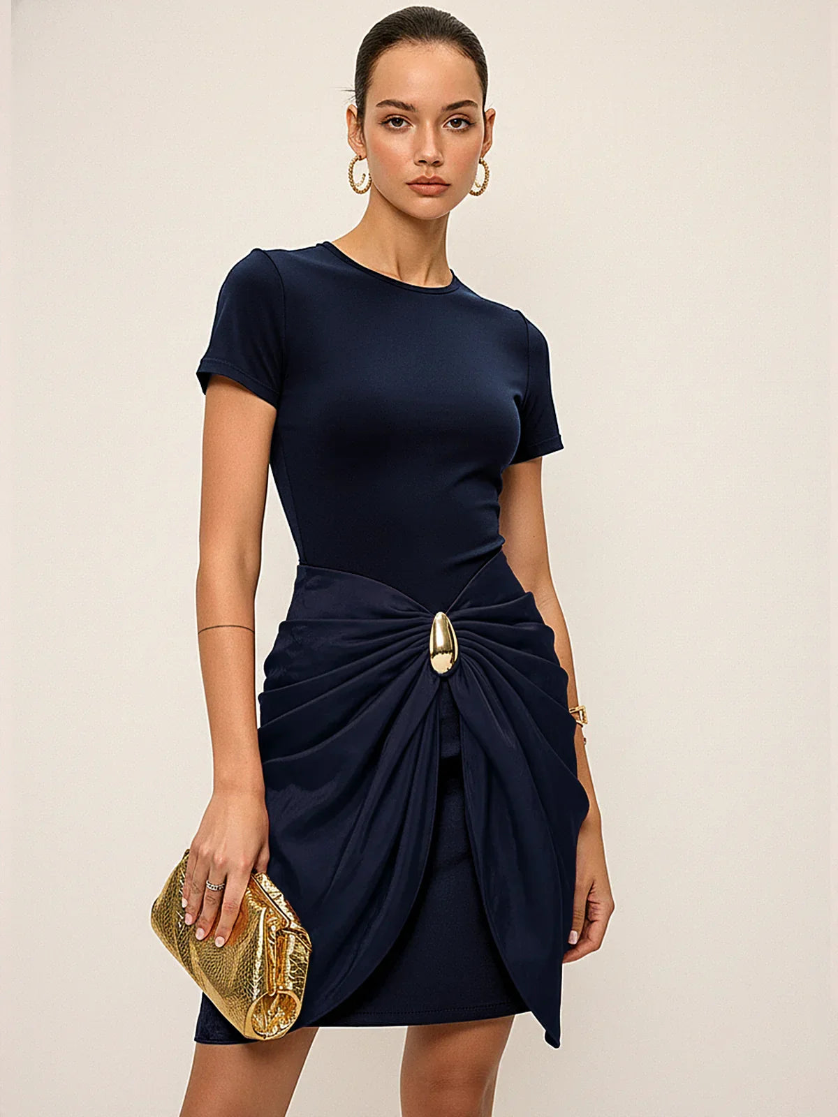 Short Sleeve Ruched Metal Buckle Dress