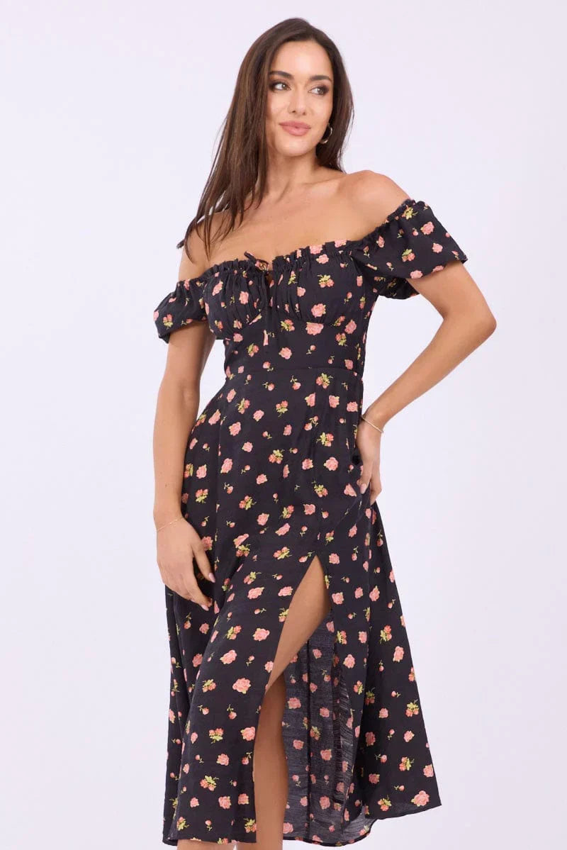 Black Ditsy Midi Dress Puff Sleeve