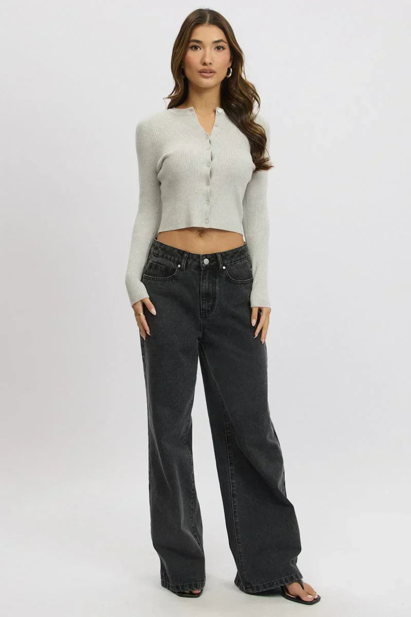Grey Knit Cardigan Long Sleeve Crew Neck Button Up