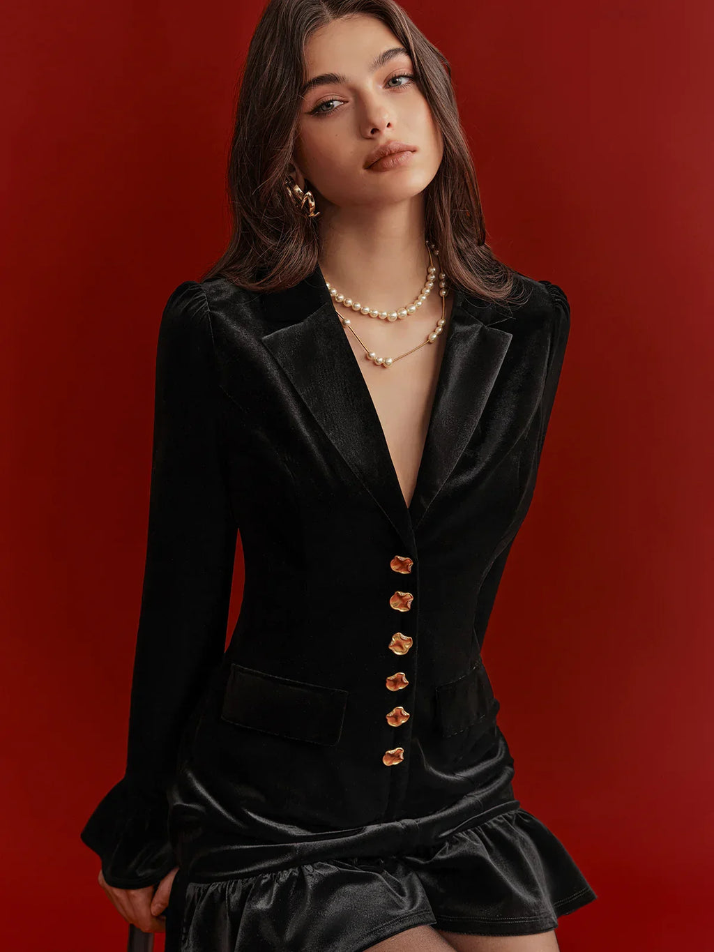 Metal Button Ruffled Hem Velvet Blazer Dress
