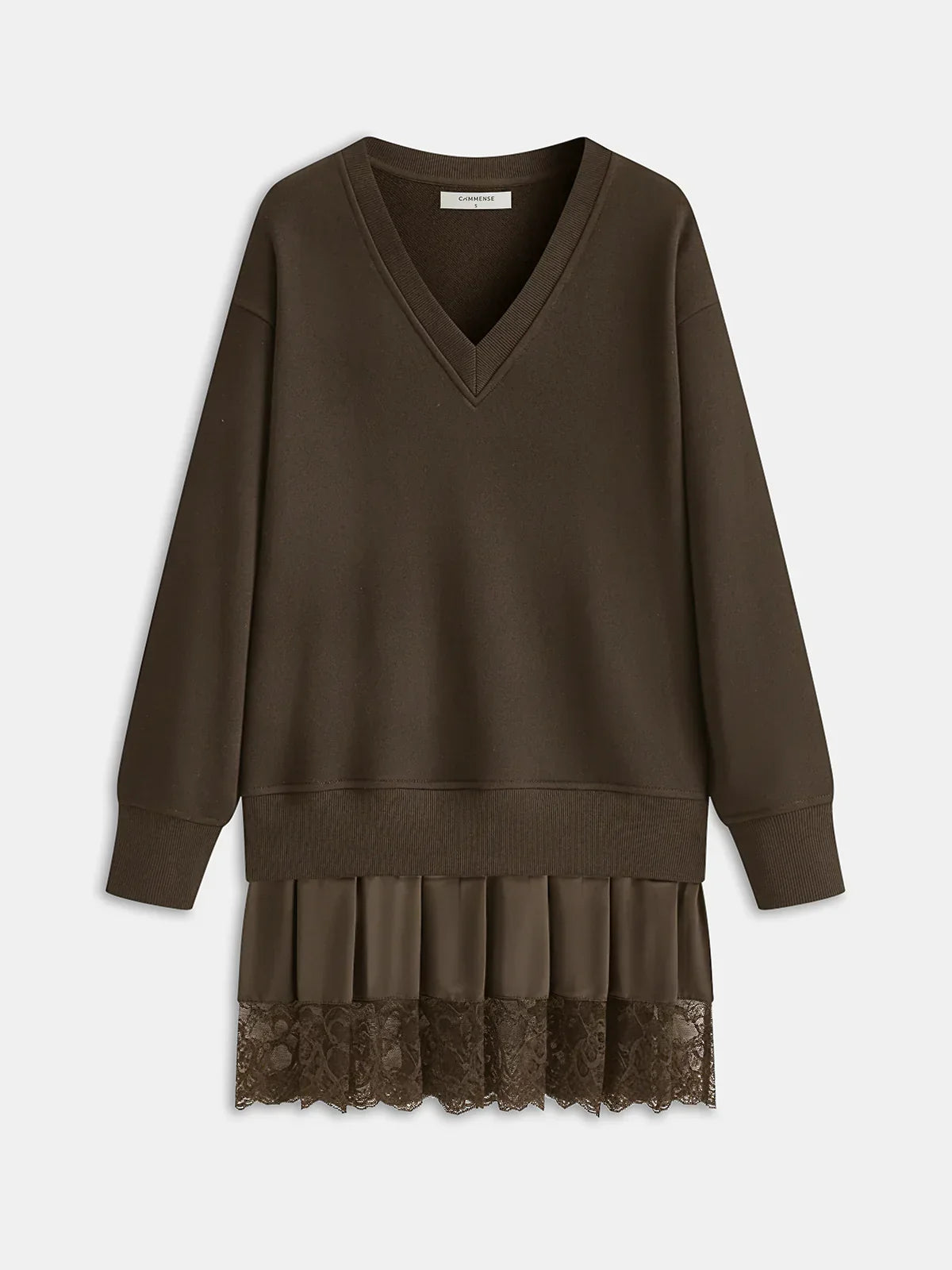 Pleated Hem Lace-Trimmed Sweatshirt Dress
