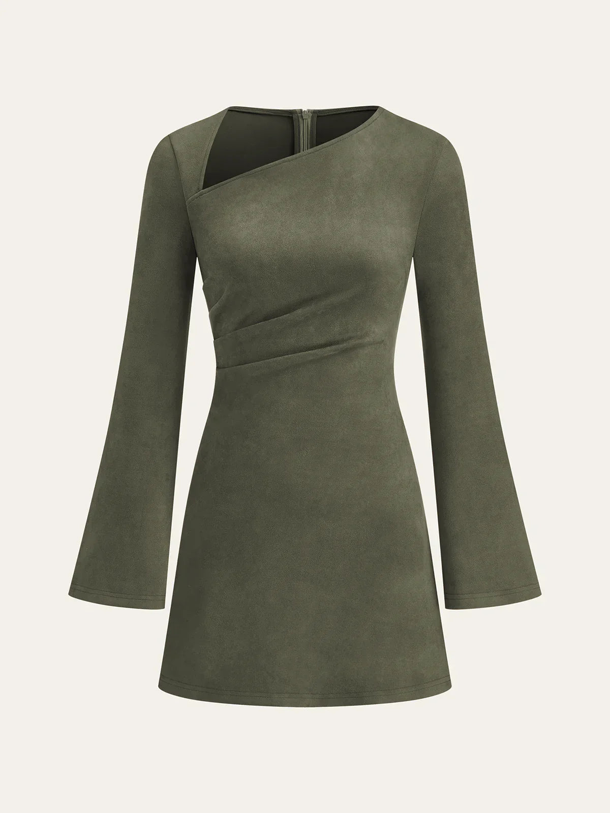 Asymmetrical Ruched Long Sleeve Suede Effect Mini Dress
