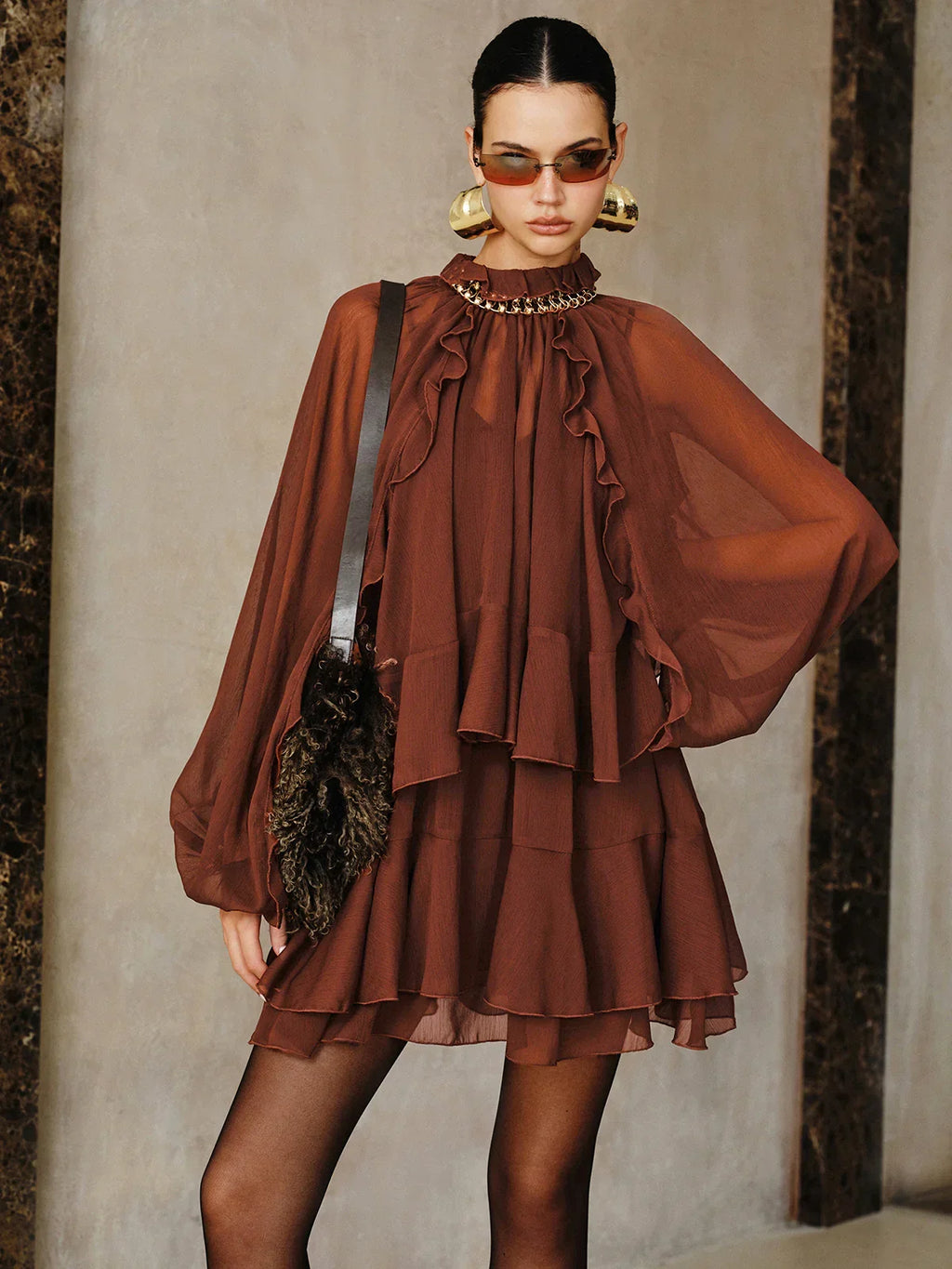 Tiered Ruffle Chiffon Mini Dress Set with Liner