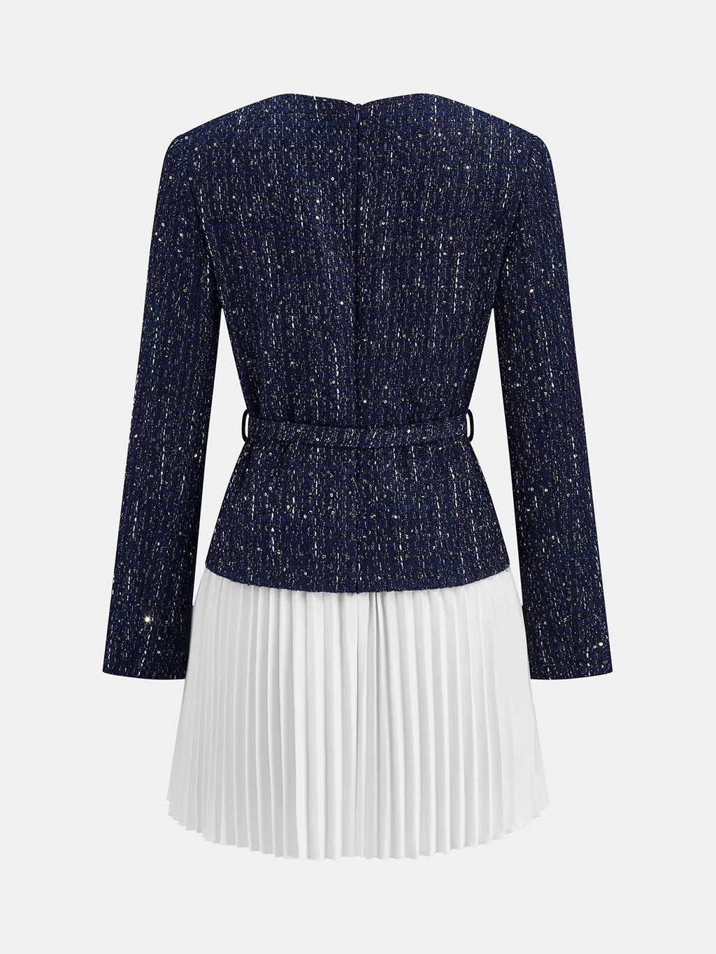 Pleated Hem Panel Tweed Belted Mini Dress