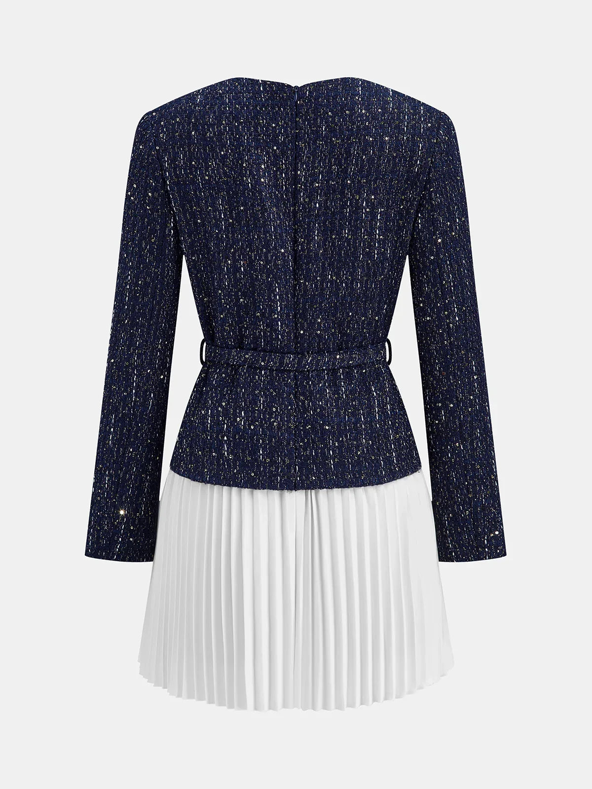 Pleated Hem Panel Tweed Belted Mini Dress