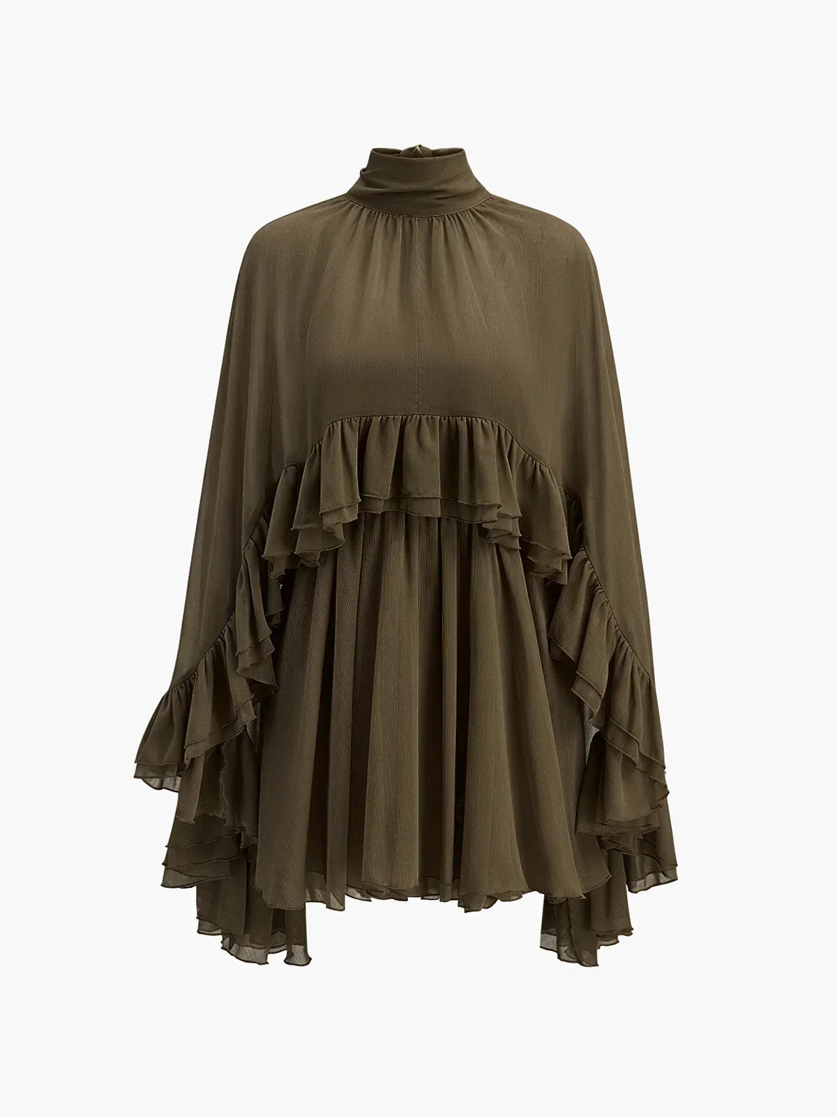 Semi-Sheer Chiffon Ruffle Dress With Outer Cape