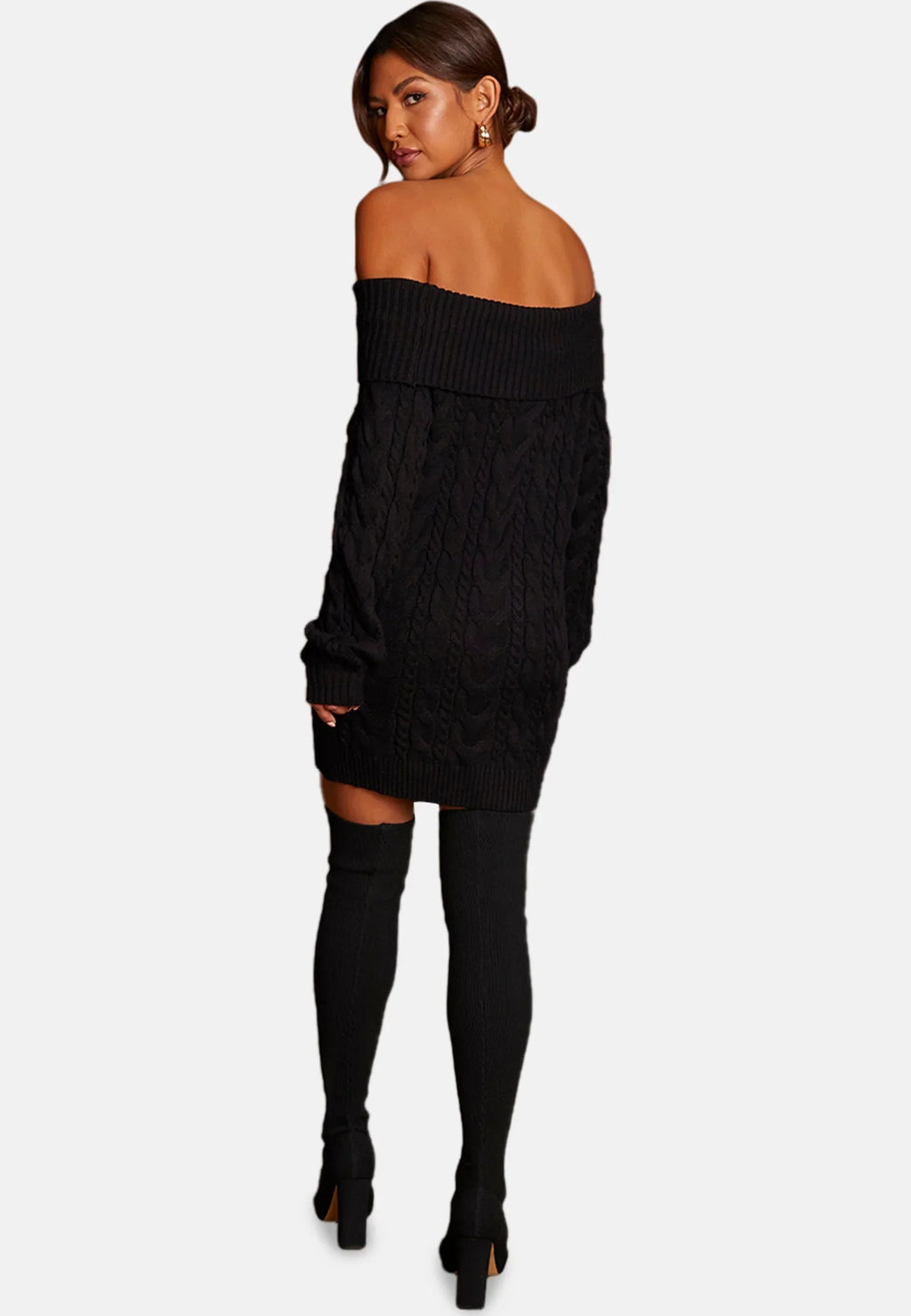 Off-Shoulder Cable Knit Jumper Dress in Black