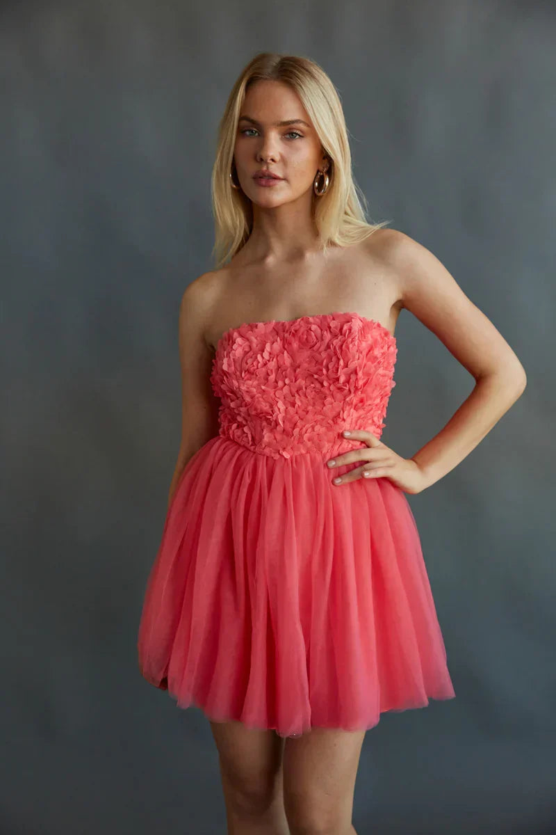 Grace Strapless Floral Applique Tulle Babydoll Mini Dress