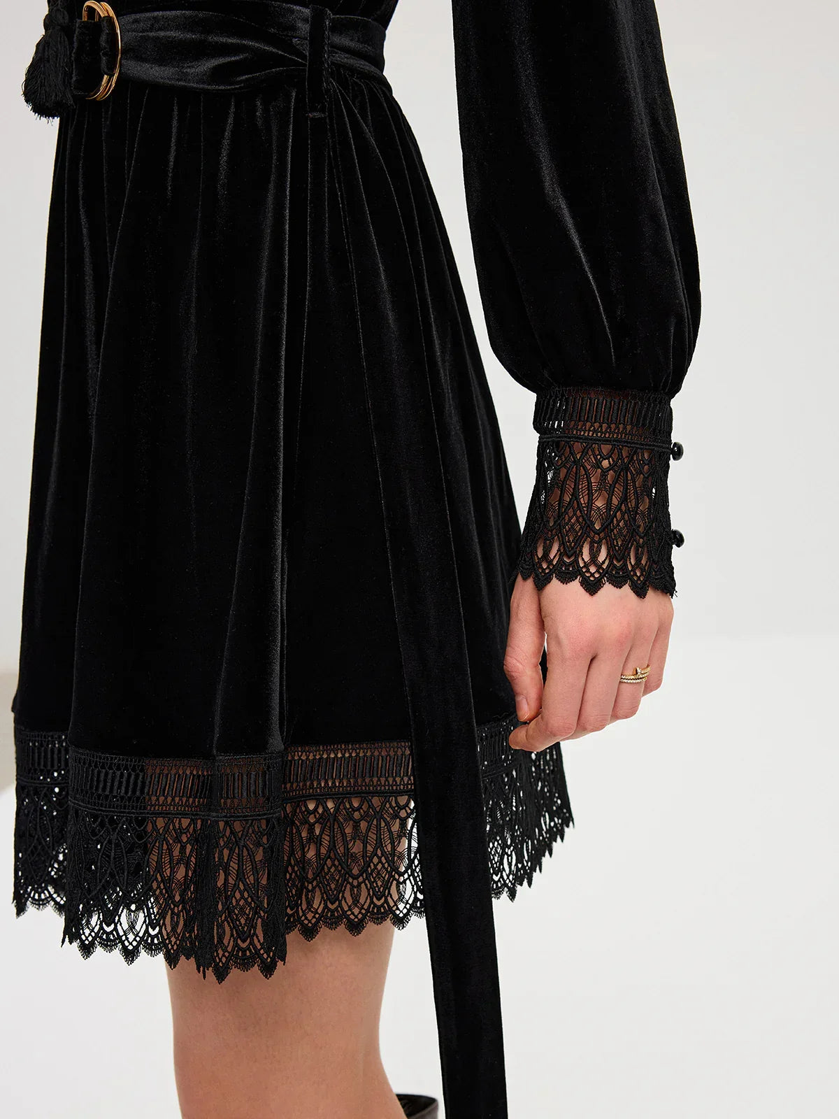 Velvet Belted Lace Trim Mini Dress
