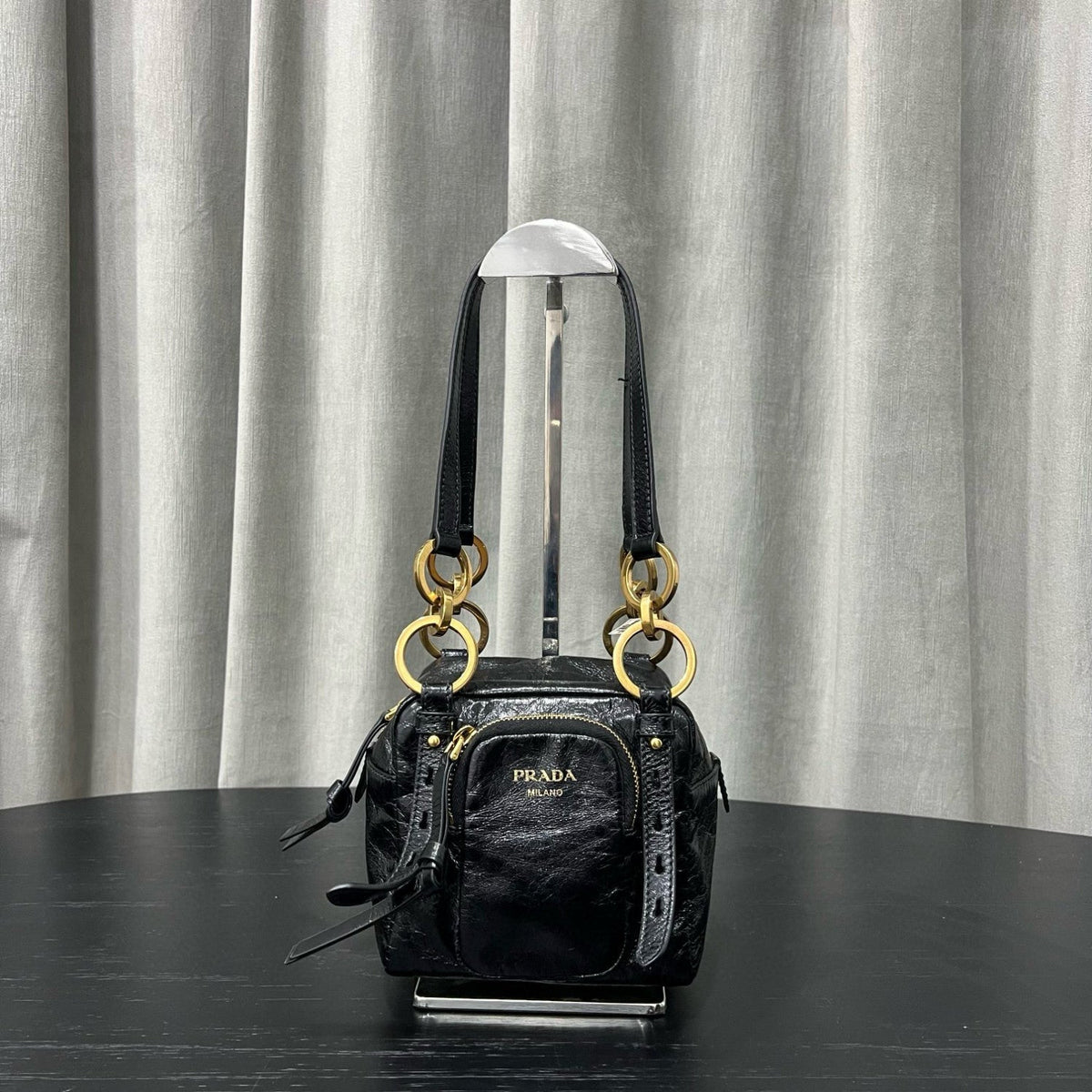 Prada Dangle Women's Black Letter Print Zipper Closure Cowhide Leather Mini Shoulder Bag Bags #75499