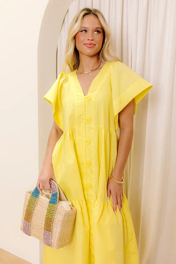 Subtle Charm Button Down Midi Dress in Yellow