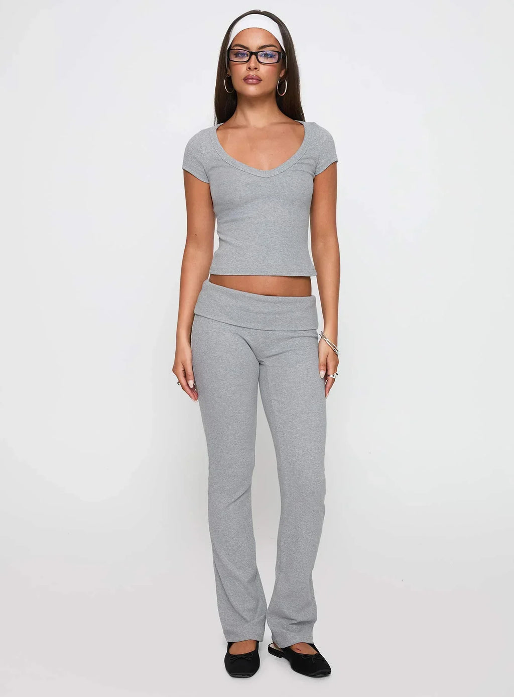 Lovely Day V Neck Top Grey Marle