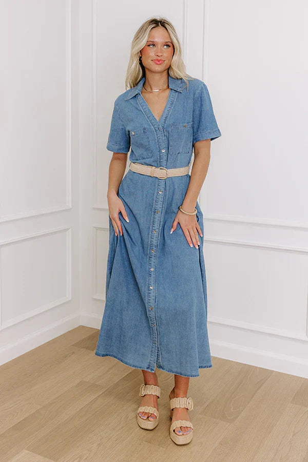Barcelona Sun Chambray Button Down Midi Dress