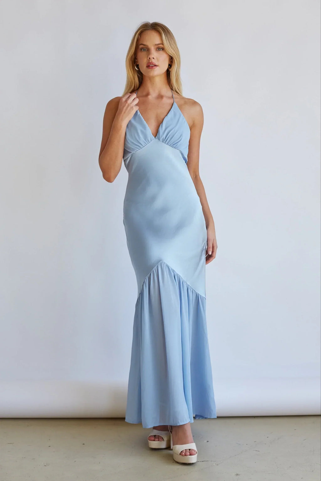 Lucinda Halter V-Neck Open Back Satin Midi Dress