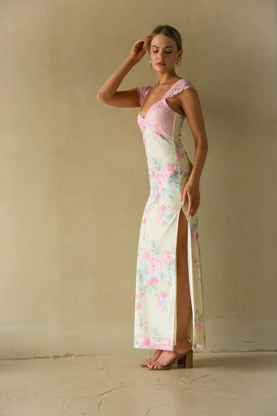 Mimi Lace Trim Floral Mesh Maxi Dress