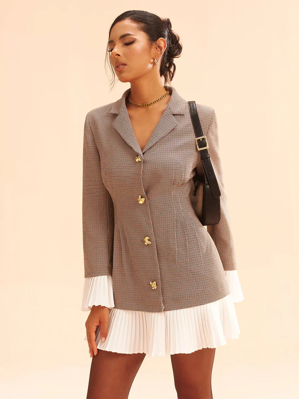Pleated Hem Panel Houndstooth Blazer Dress
