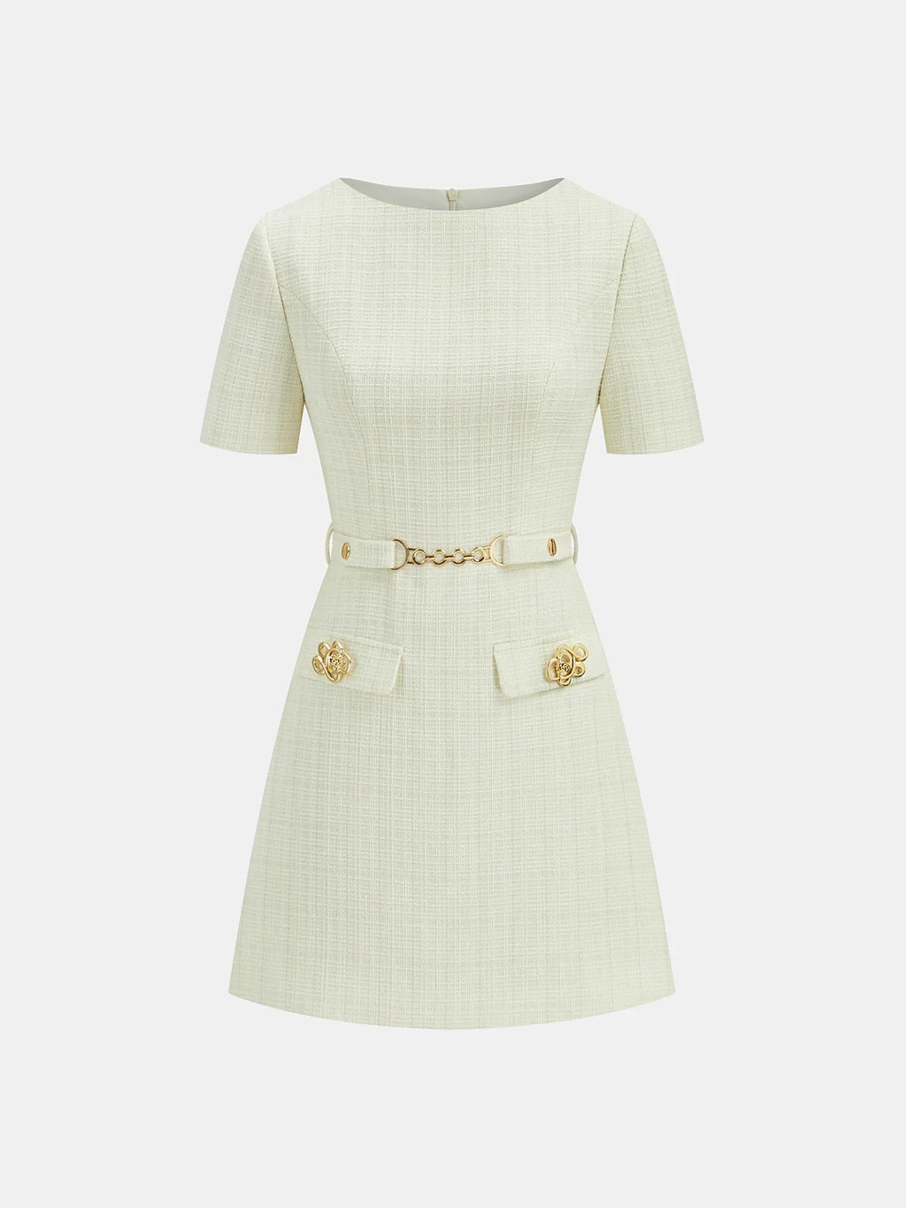 Metal Detail Tweed Belted Mini Dress