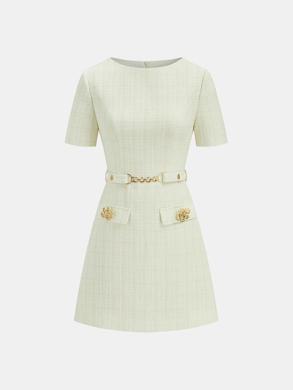 Metal Detail Tweed Belted Mini Dress