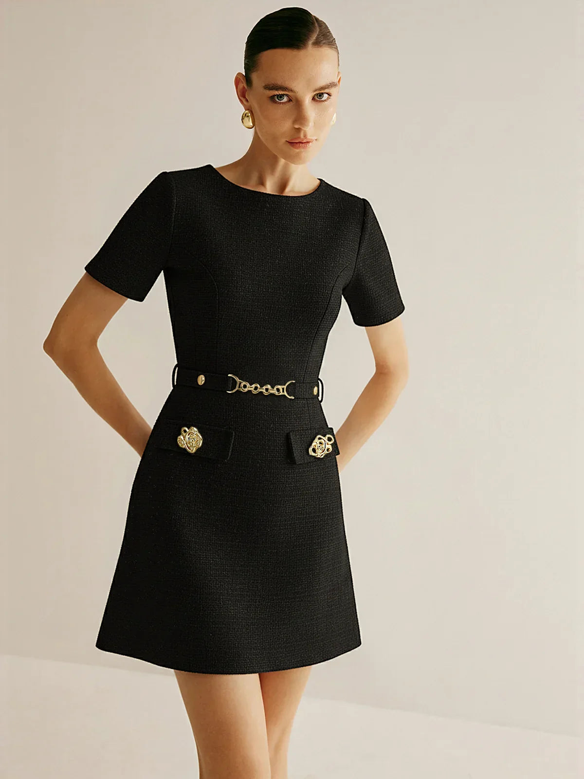 Metal Detail Tweed Belted Mini Dress