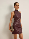 Stand Collar Faux Leather Skinny Tank Dress