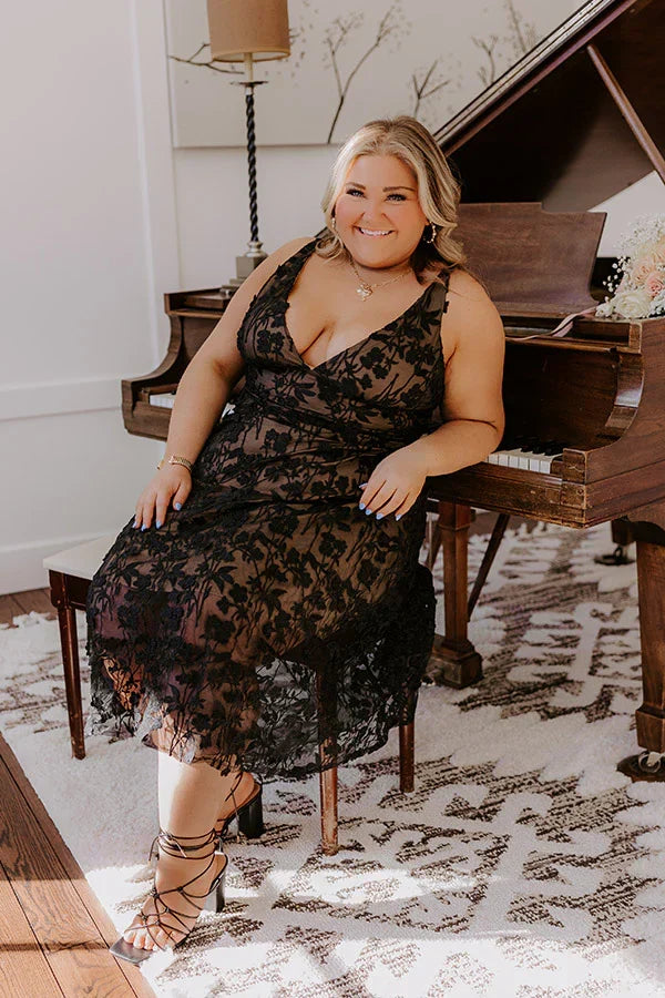 Romantic Moment Embroidered Midi Dress in Black Curves