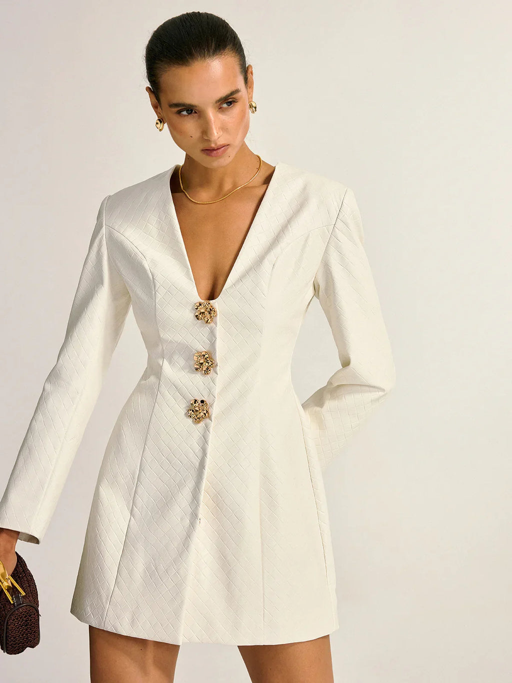 Floral Metal Button Faux Leather Mini Dress