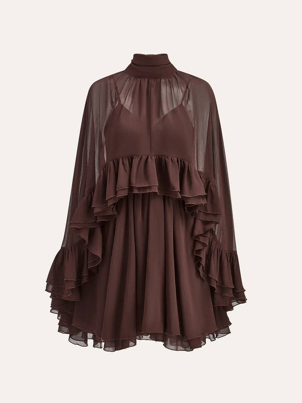 Semi-Sheer Chiffon Ruffle Dress With Outer Cape