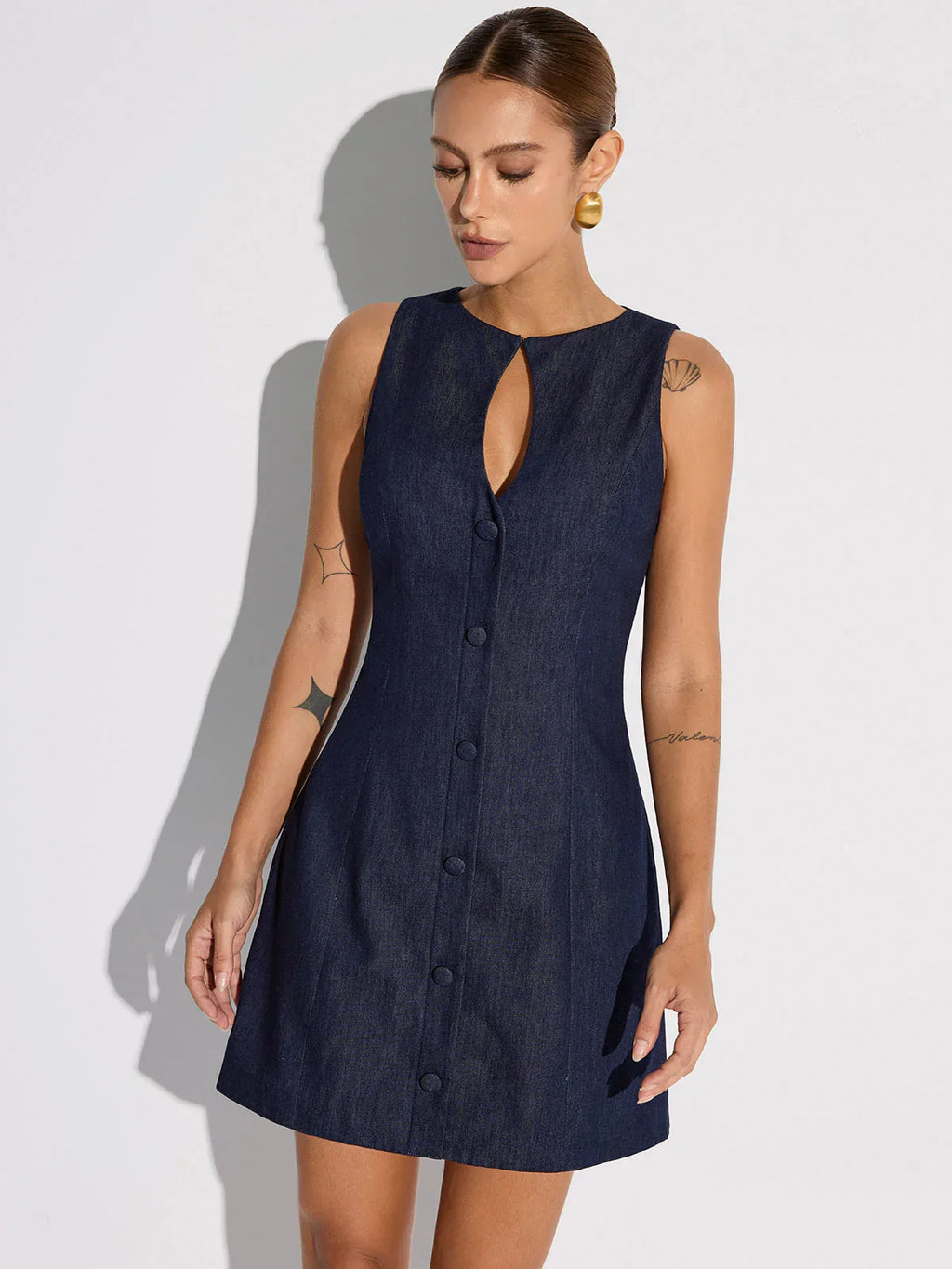 Keyhole Neckline Button Denim Mini Dress