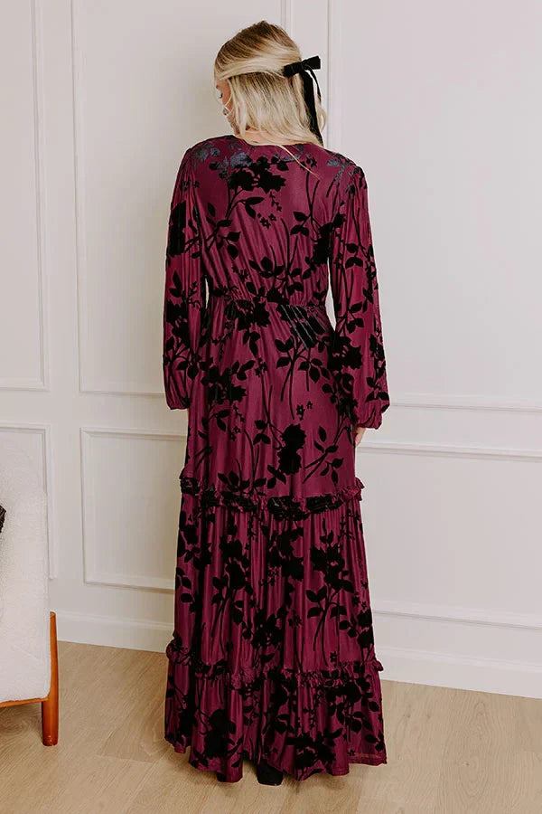 Moonlit Rendezvous Velvet Burnout Maxi Dress in Windsor Wine