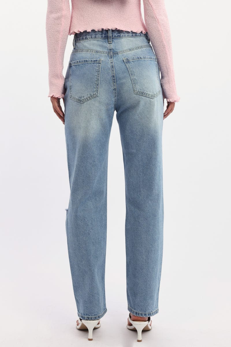 Denim Straight Jeans High Rise Knee Slit
