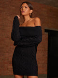 Off-Shoulder Cable Knit Jumper Dress in Black