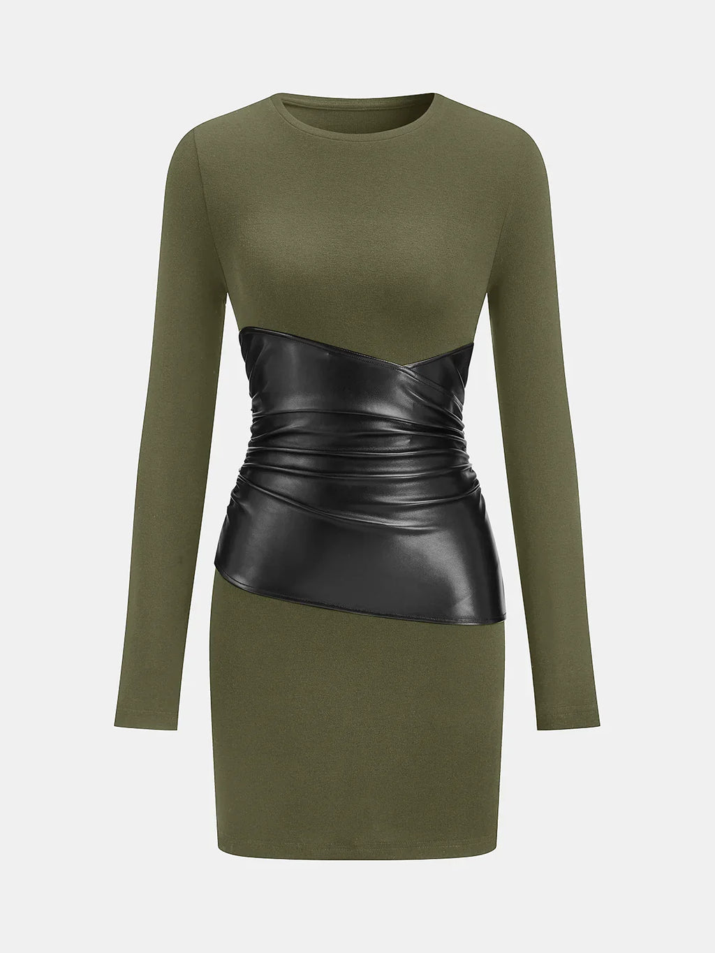 PU Leather Panel Long Sleeve Knit Dress