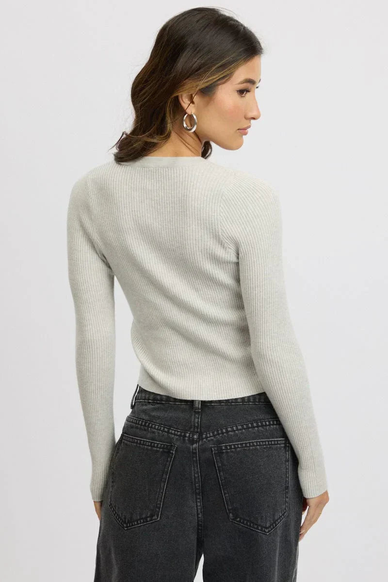 Grey Knit Cardigan Long Sleeve Crew Neck Button Up