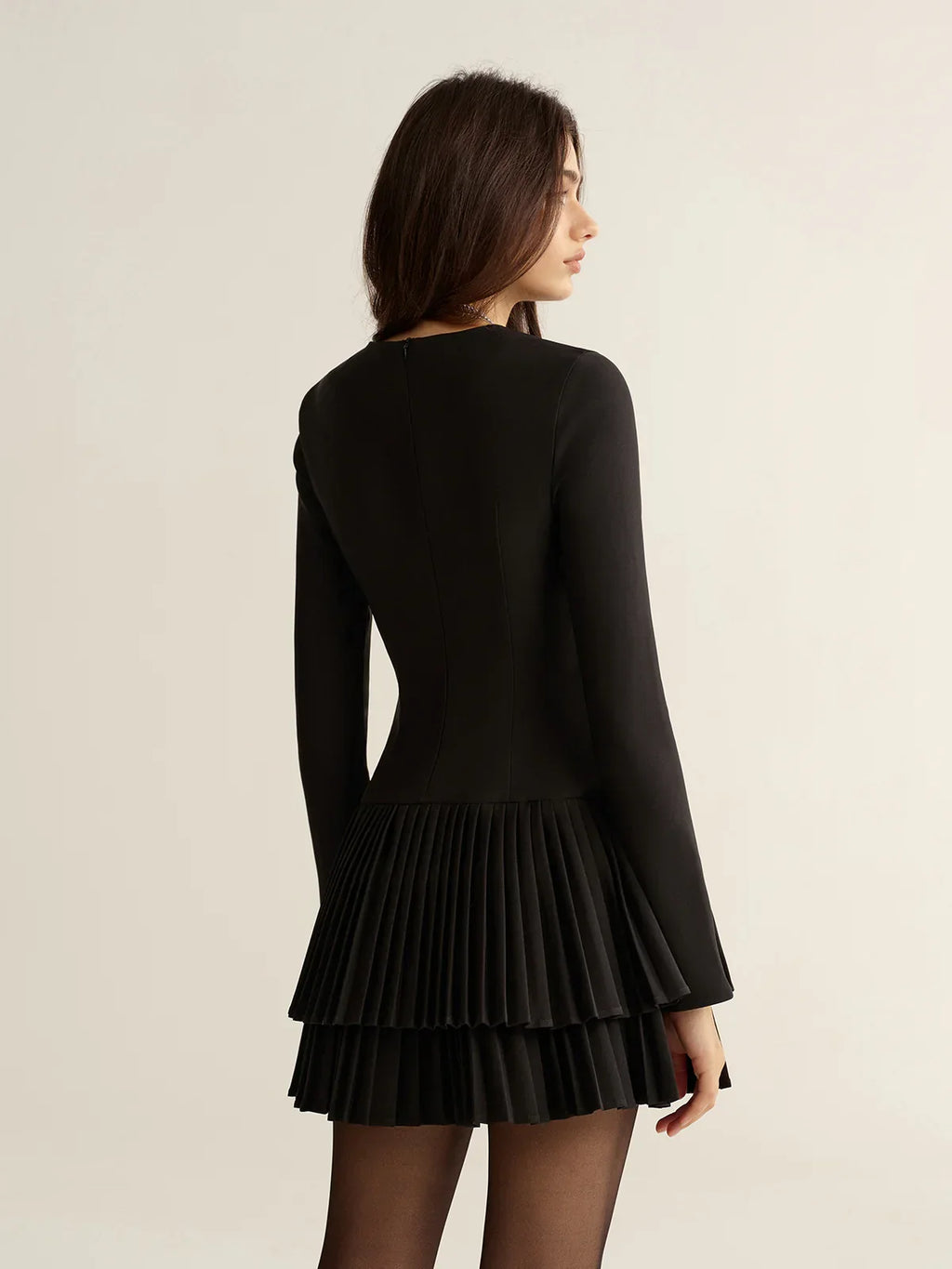 Long Sleeve Tiered Pleated Mini Dress