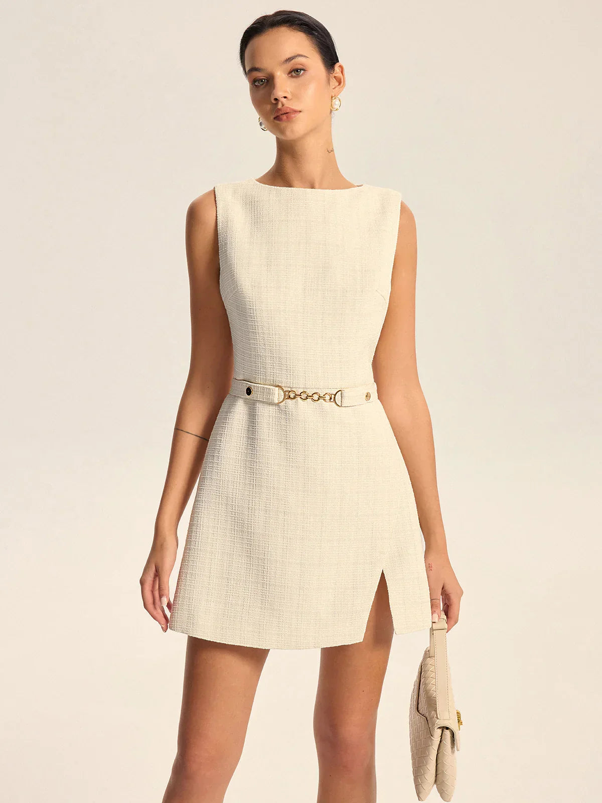 Tweed Slit Mini Dress with Detachable Belt